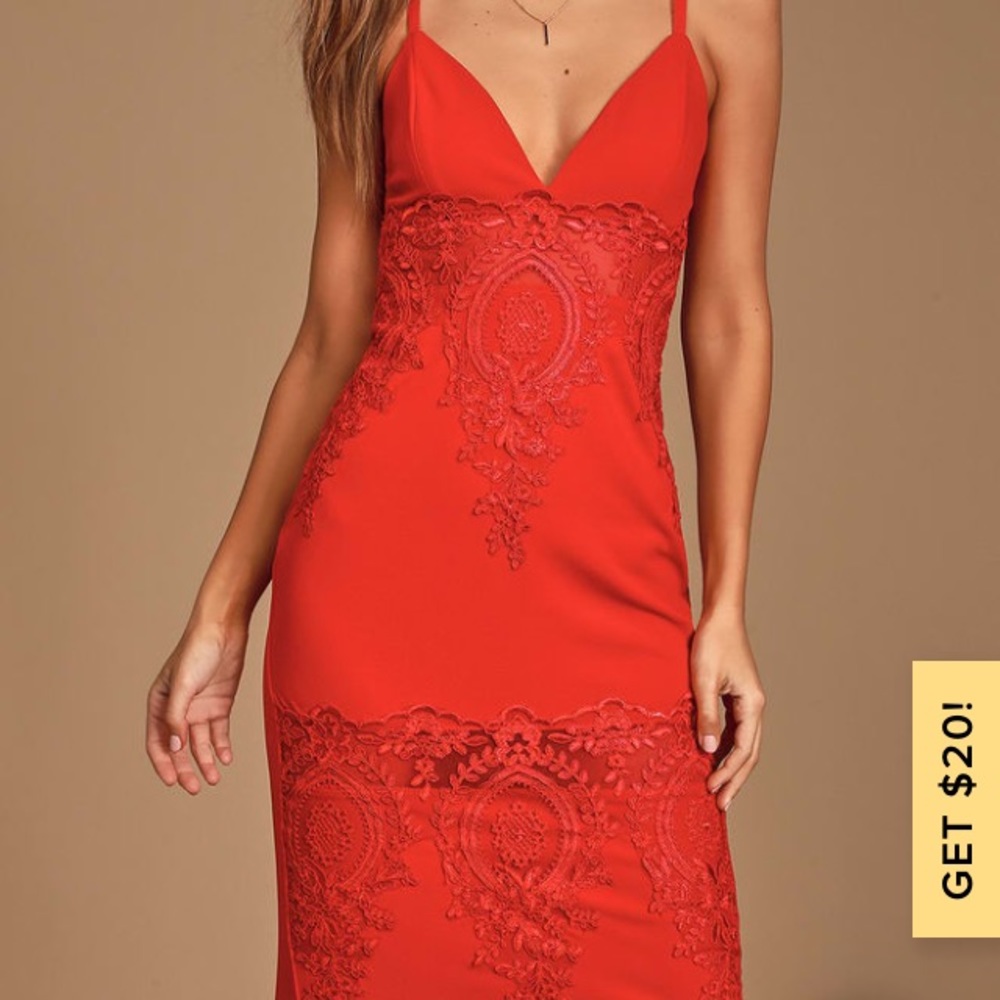Lulus Red Spaghetti Strap Lace Detailed Dress